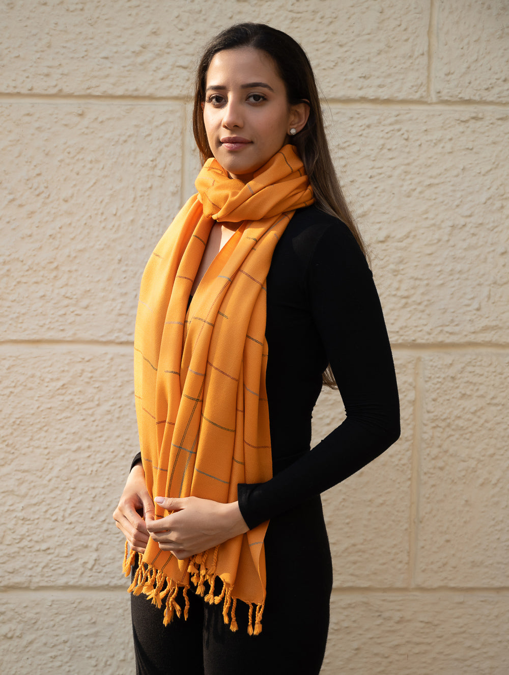 Load image into Gallery viewer, Light &amp; Warm Merino Wool Kinnauri Stole - Tangerine Link