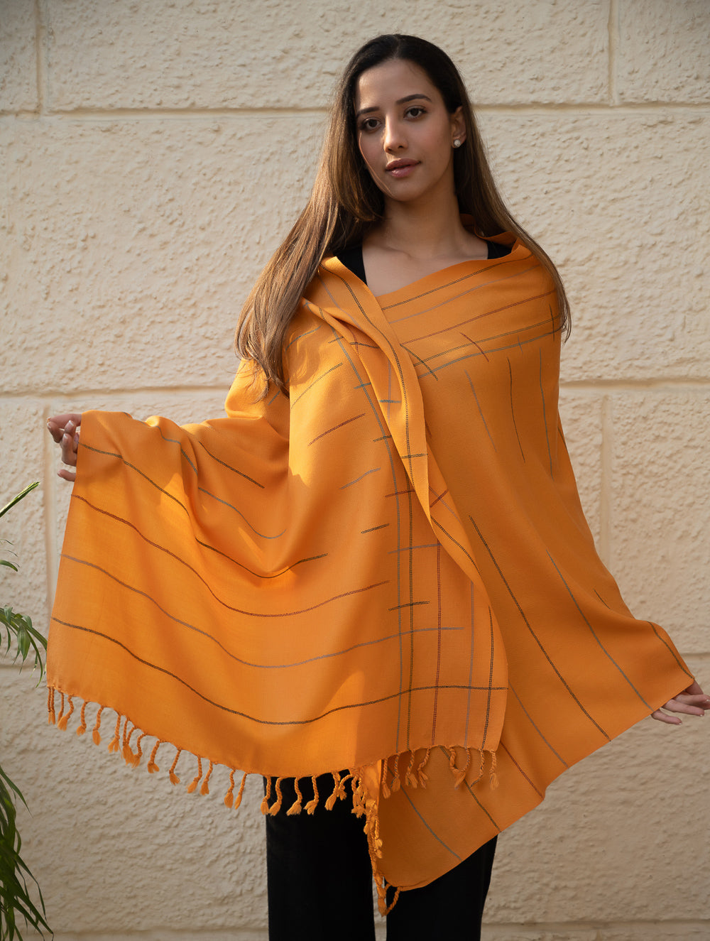 Load image into Gallery viewer, Light &amp; Warm Merino Wool Kinnauri Stole - Tangerine Link