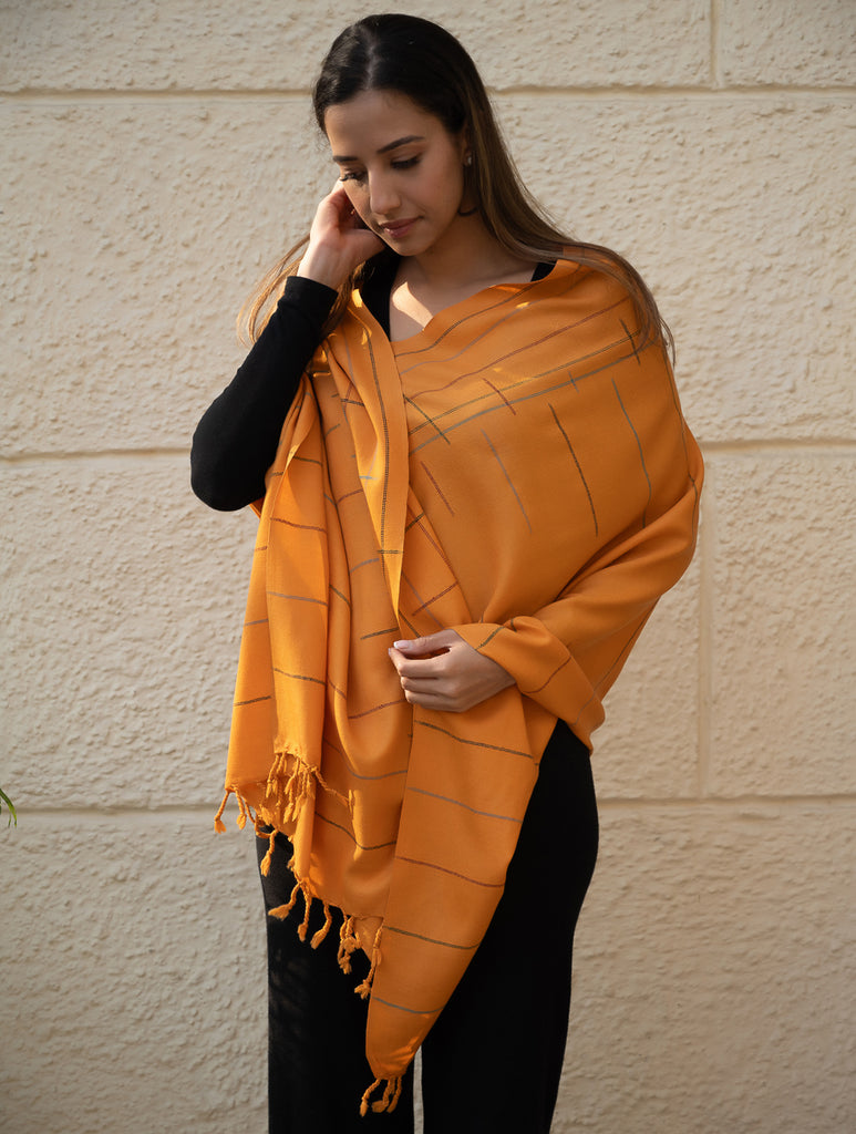 Light & Warm Merino Wool Kinnauri Stole - Tangerine Link