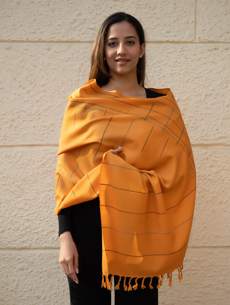 Light & Warm Merino Wool Kinnauri Stole - Tangerine Link