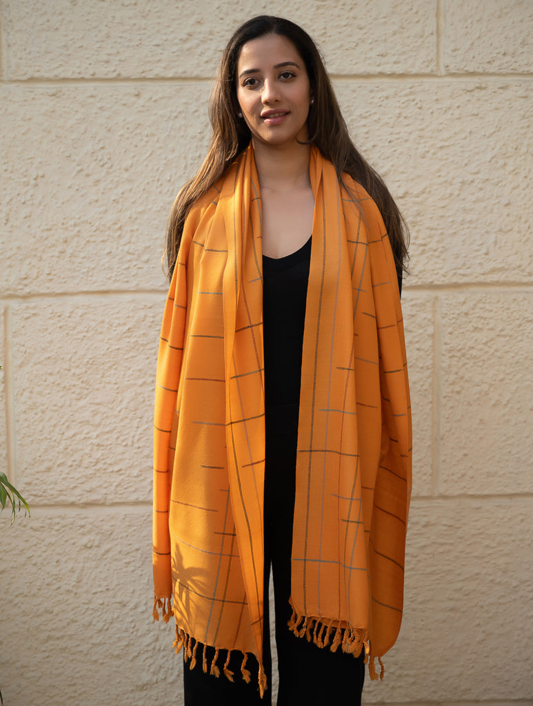Light & Warm Merino Wool Kinnauri Stole - Tangerine Link