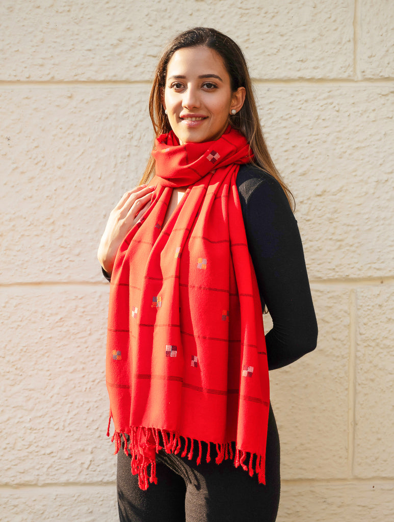 Light & Warm Merino Wool Kinnauri Stole - Tangerine Meadow