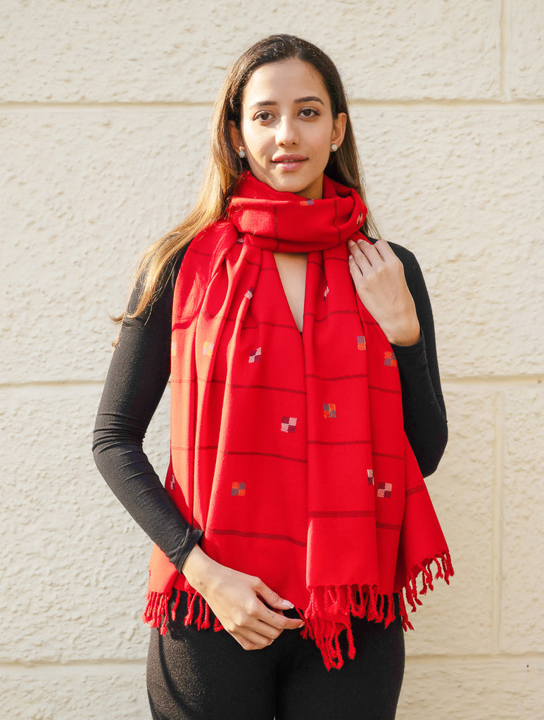 Light & Warm Merino Wool Kinnauri Stole - Tangerine Meadow