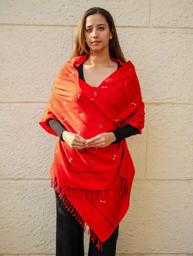 Light & Warm Merino Wool Kinnauri Stole - Tangerine Meadow