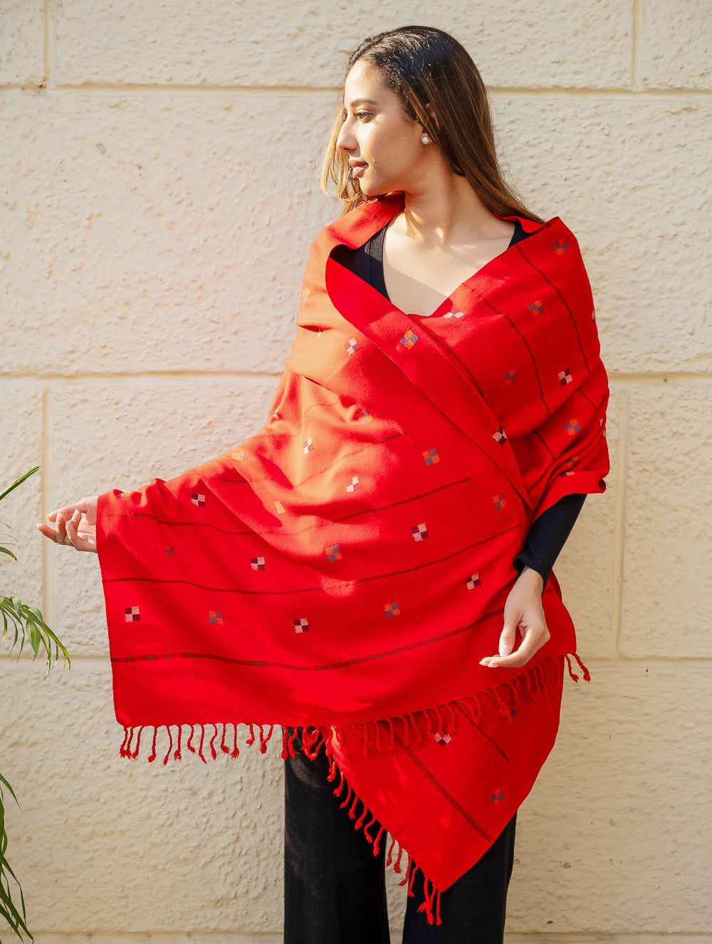 Light & Warm Merino Wool Kinnauri Stole - Tangerine Meadow