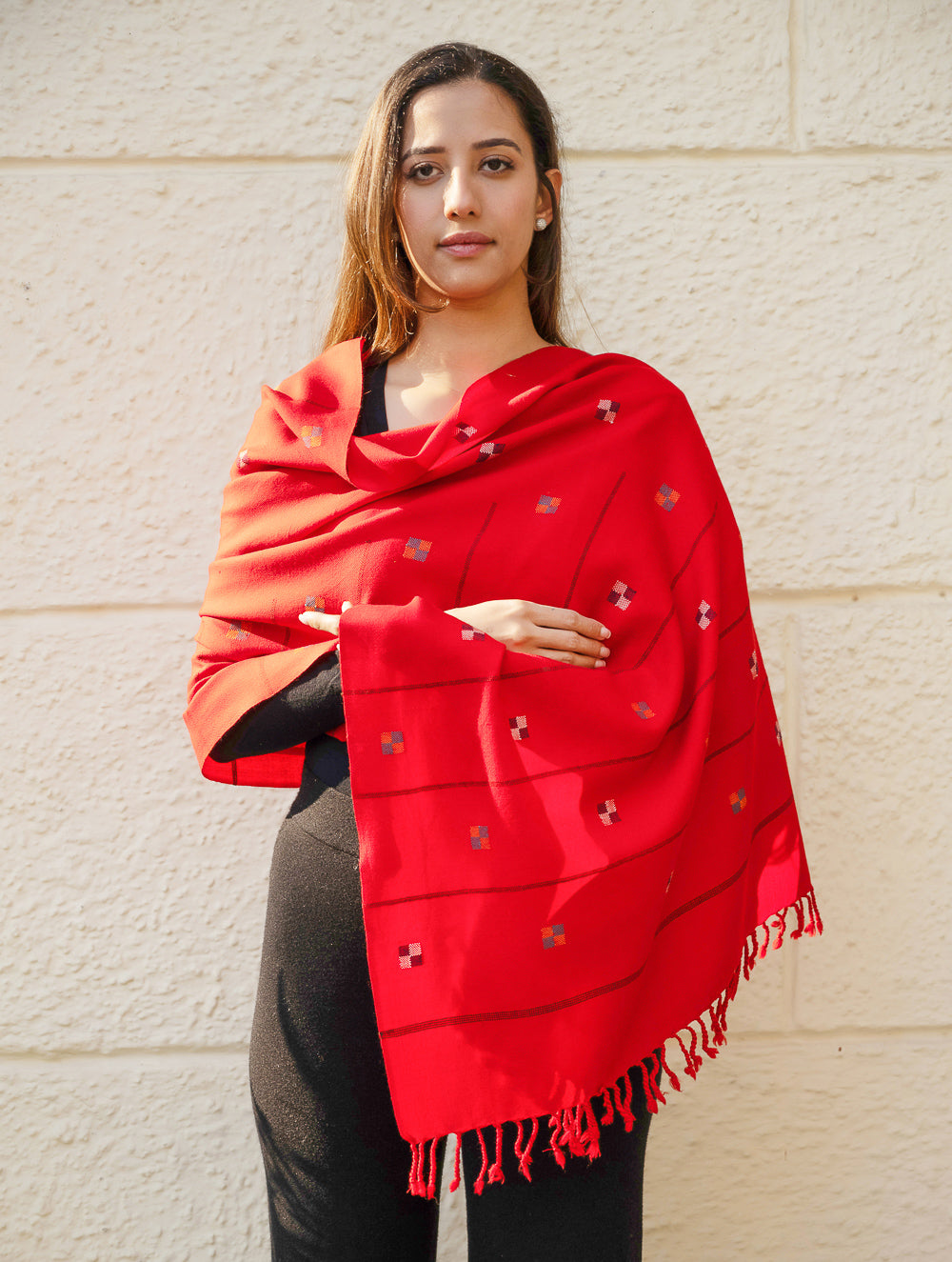 Light & Warm Merino Wool Kinnauri Stole - Tangerine Meadow