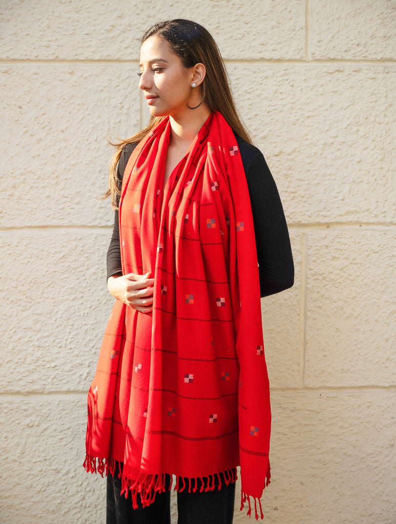 Light & Warm Merino Wool Kinnauri Stole - Tangerine Meadow