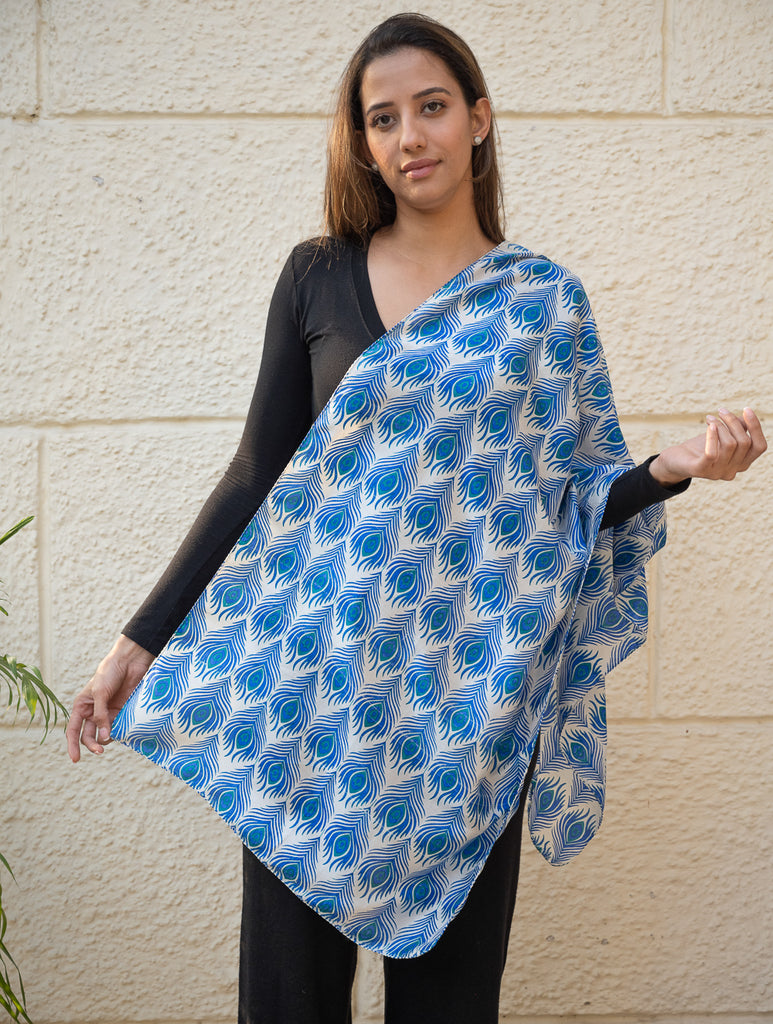 Light & Elegant Silk Batik Stole - Blue Feathers