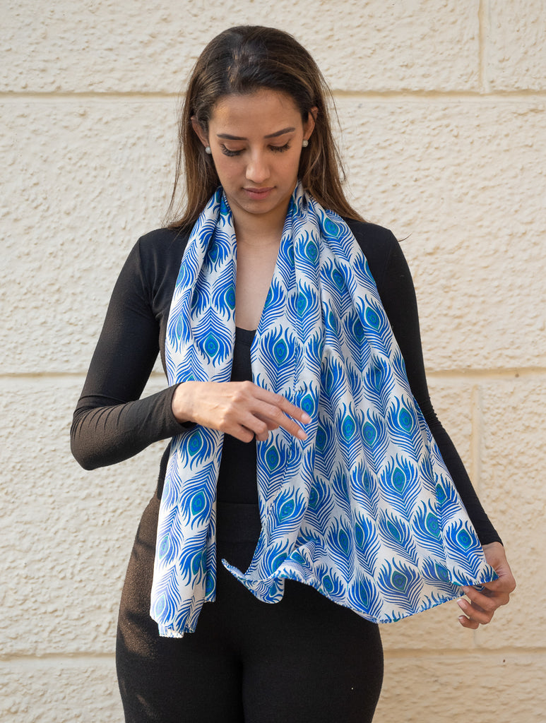 Light & Elegant Silk Batik Stole - Blue Feathers