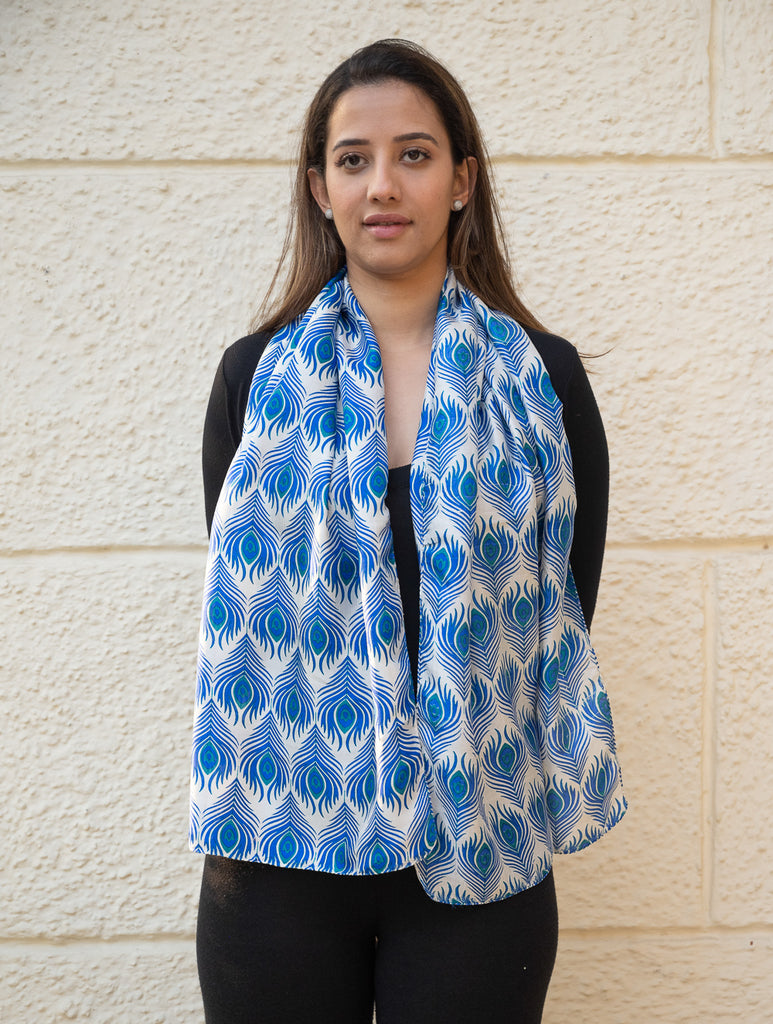 Light & Elegant Silk Batik Stole - Blue Feathers