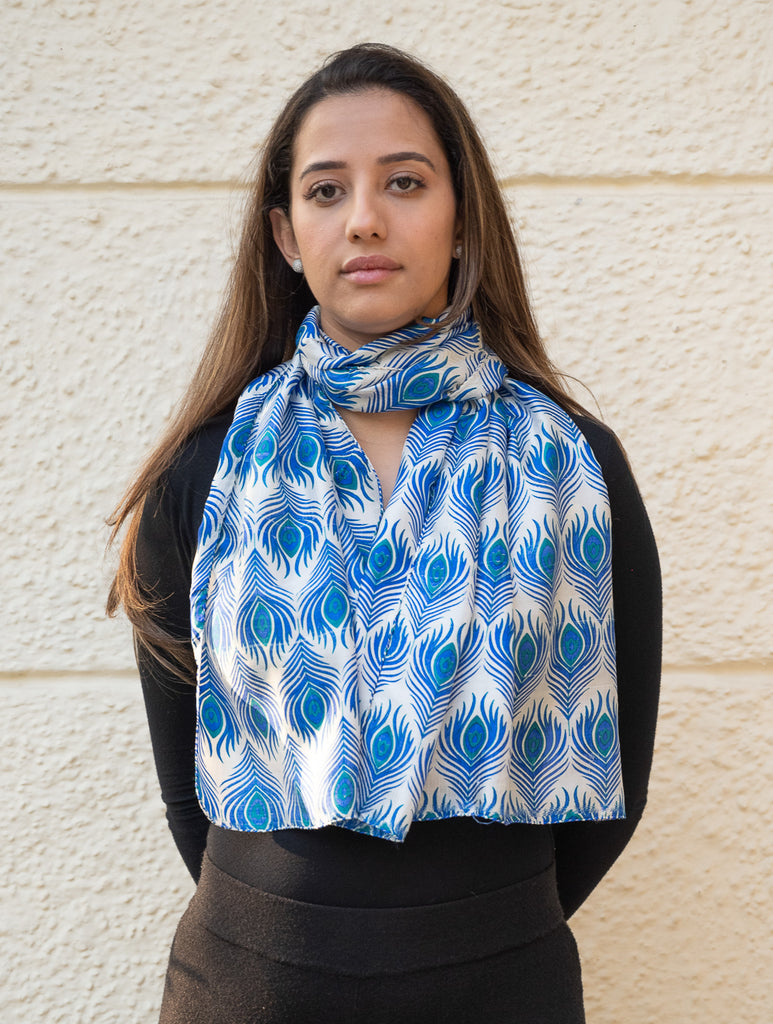 Light & Elegant Silk Batik Stole - Blue Feathers