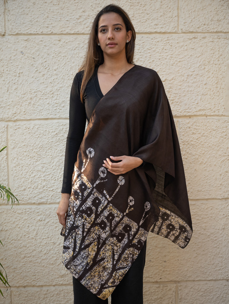 Light & Elegant Silk Batik Stole - Brown Abstract