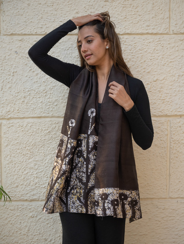 Light & Elegant Silk Batik Stole - Brown Abstract