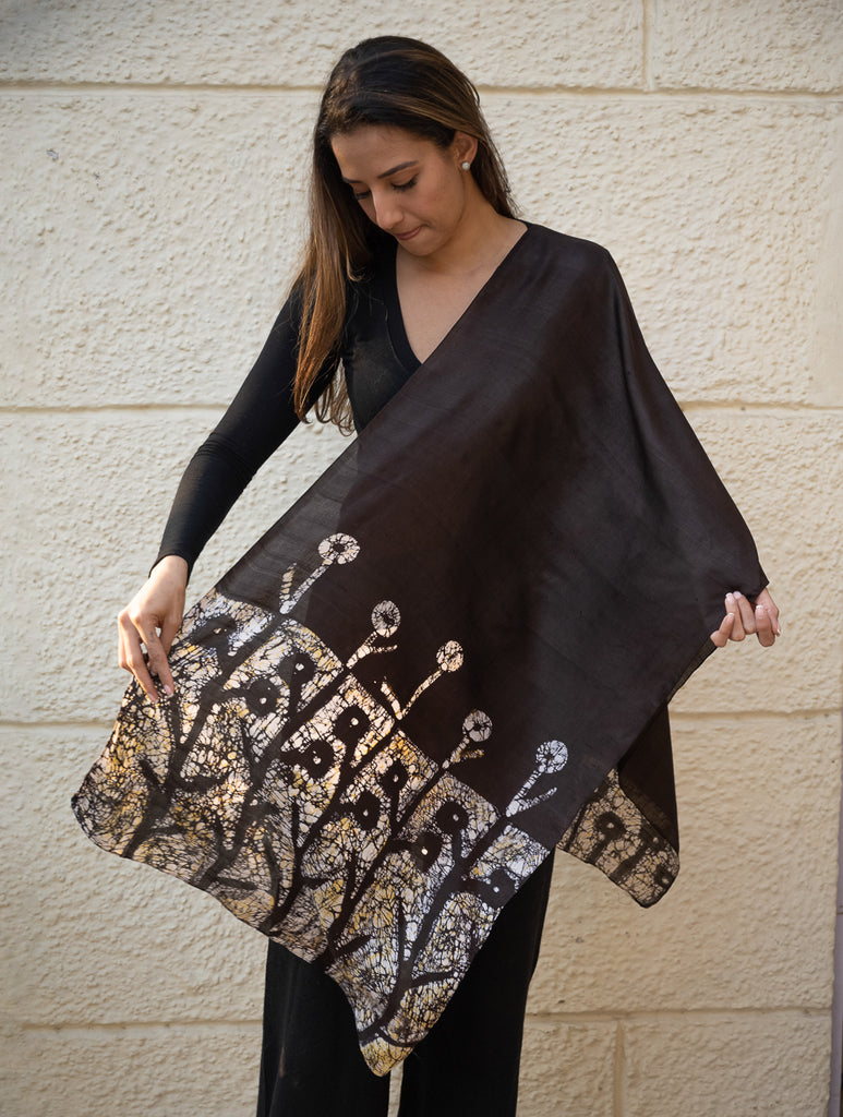 Light & Elegant Silk Batik Stole - Brown Abstract