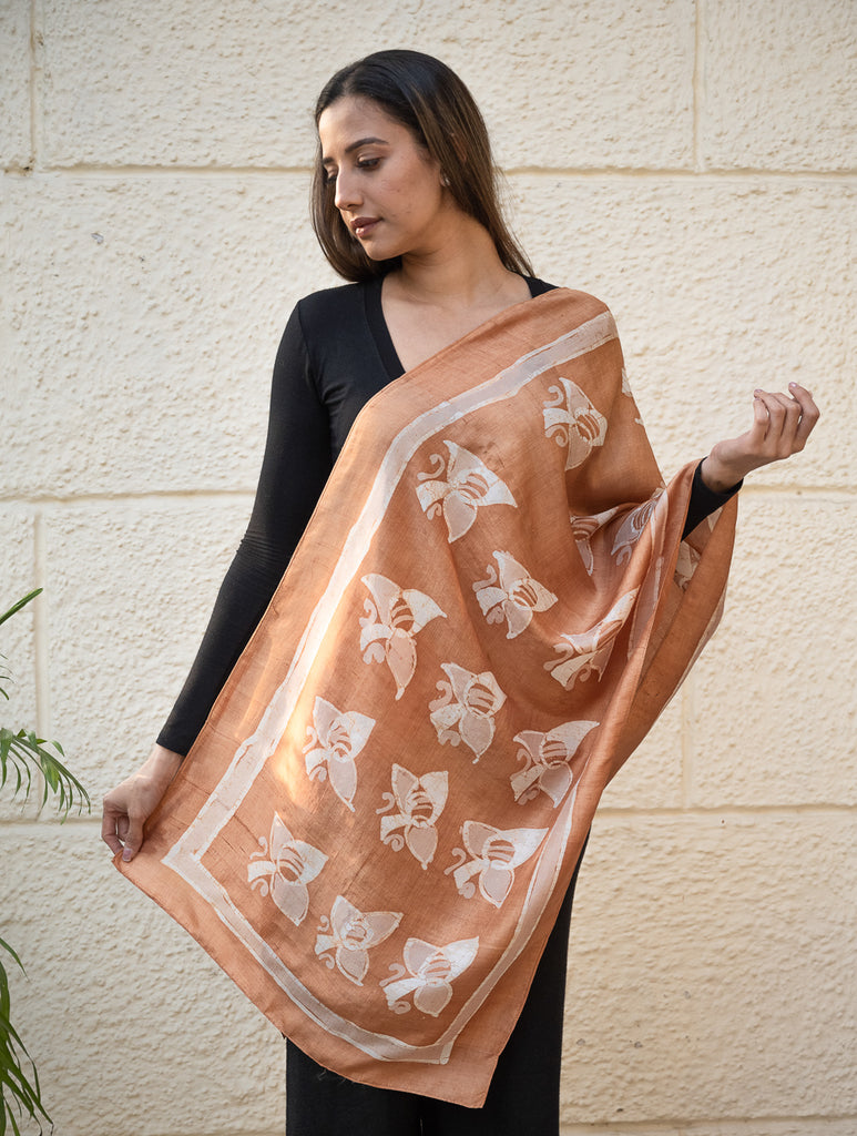 Light & Elegant Silk Batik Stole - Brown Buds