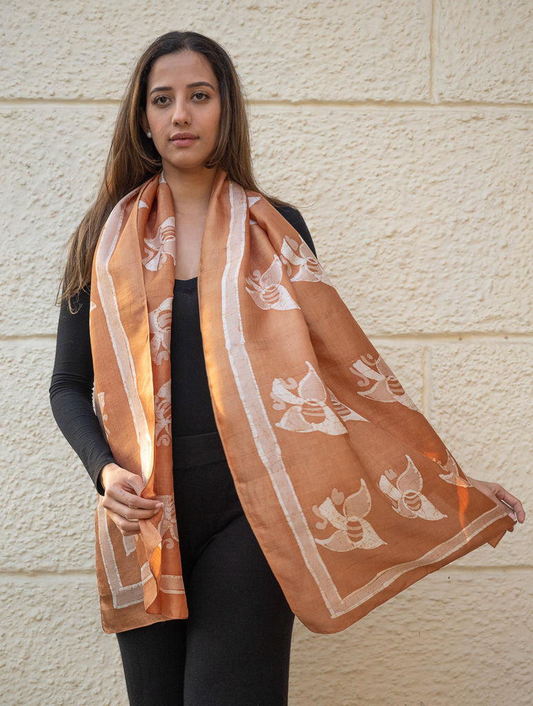 Light & Elegant Silk Batik Stole - Brown Buds