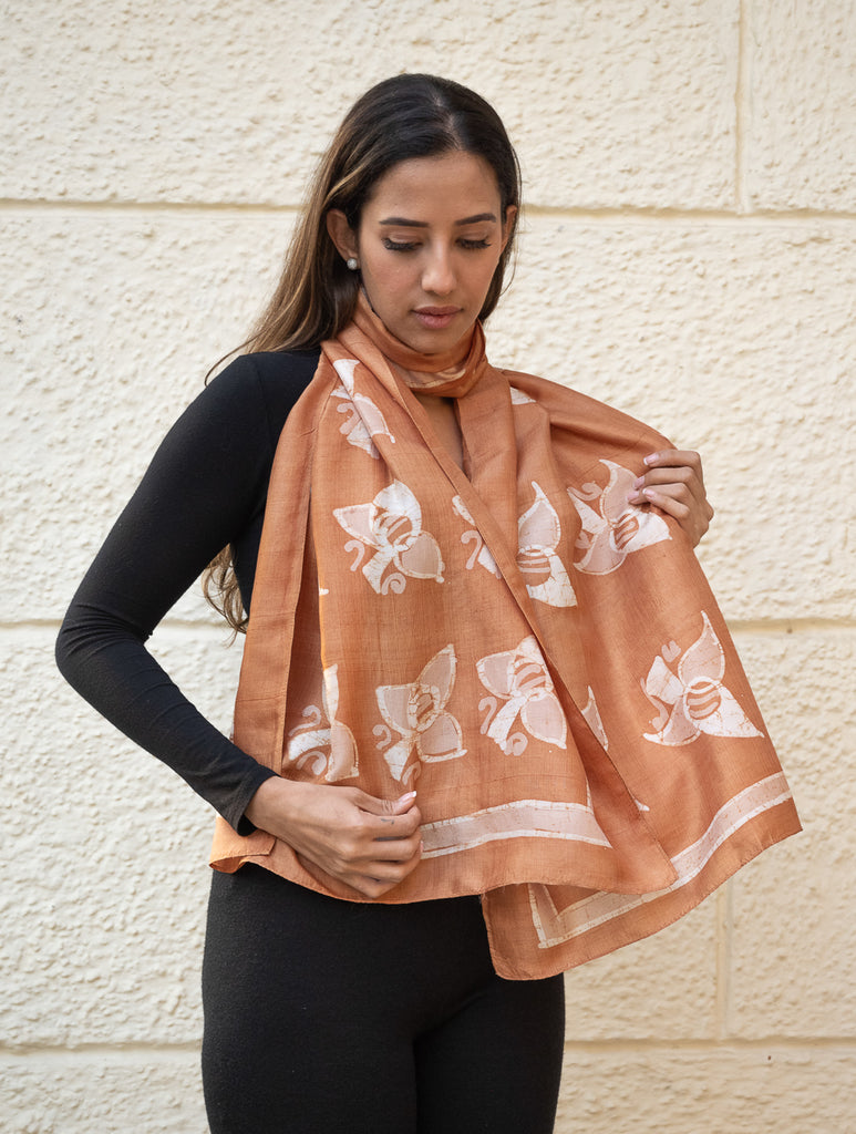 Light & Elegant Silk Batik Stole - Brown Buds