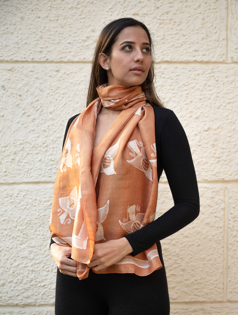 Light & Elegant Silk Batik Stole - Brown Buds