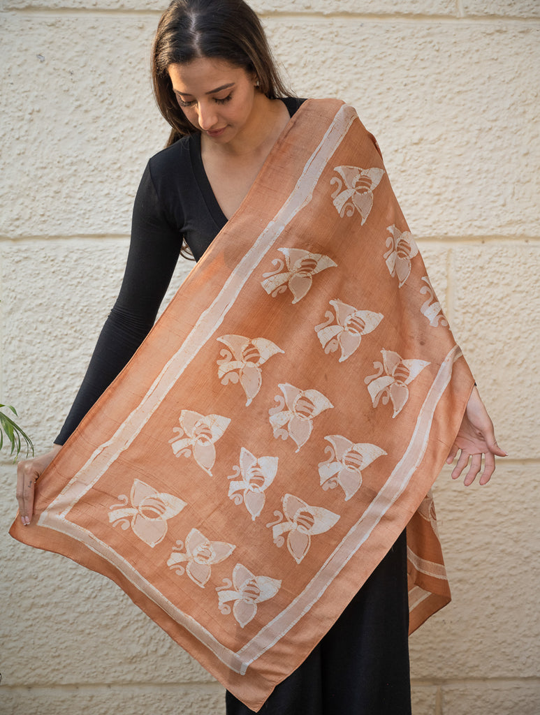 Light & Elegant Silk Batik Stole - Brown Buds