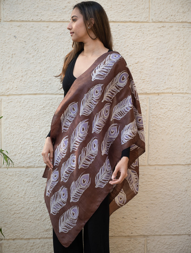 Light & Elegant Silk Batik Stole - Brown Feathers