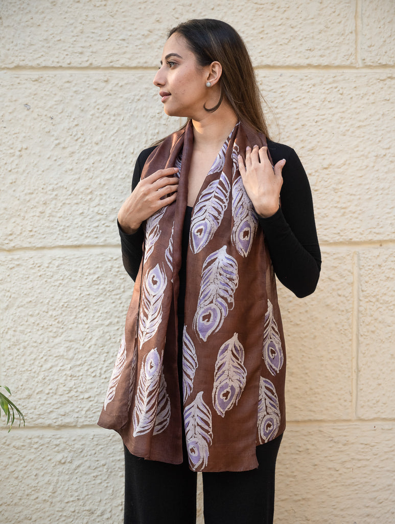 Light & Elegant Silk Batik Stole - Brown Feathers