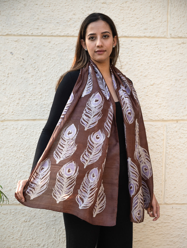 Light & Elegant Silk Batik Stole - Brown Feathers