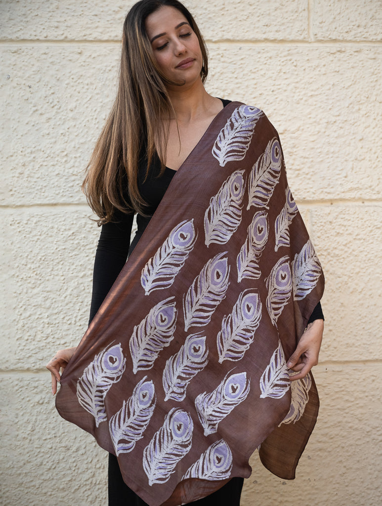 Light & Elegant Silk Batik Stole - Brown Feathers