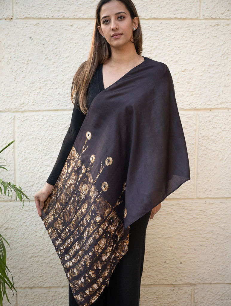 Light & Elegant Silk Batik Stole - Brown Leaves