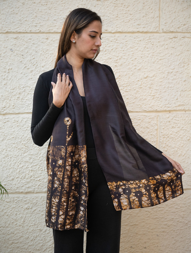 Light & Elegant Silk Batik Stole - Brown Leaves