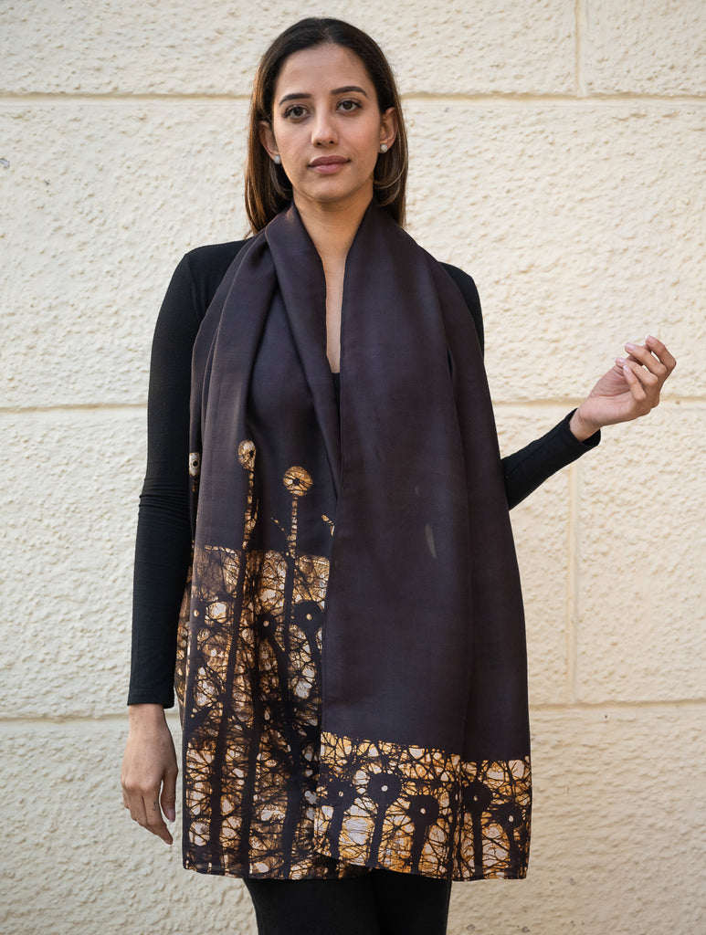 Light & Elegant Silk Batik Stole - Brown Leaves