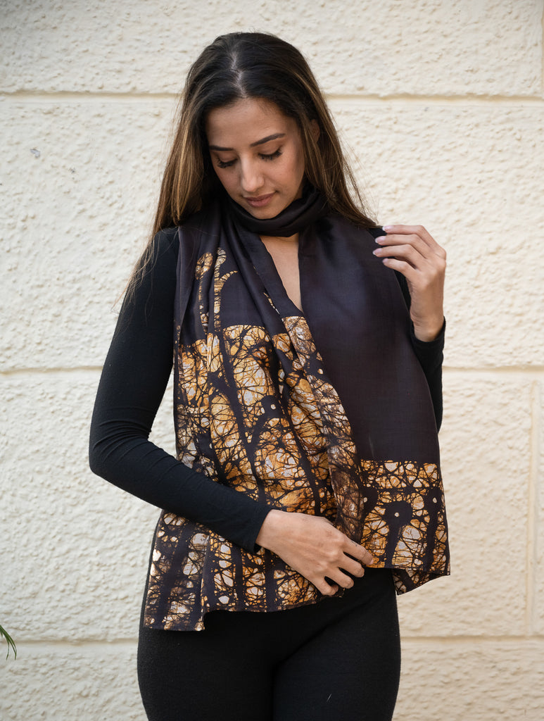 Light & Elegant Silk Batik Stole - Brown Leaves