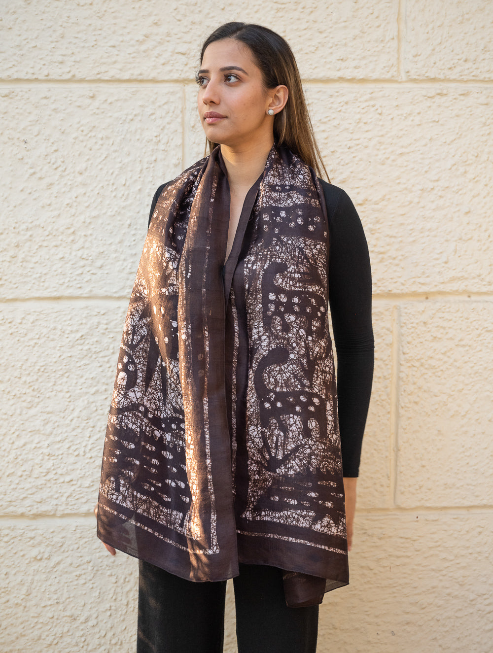 Load image into Gallery viewer, Light &amp; Elegant Silk Batik Stole - Dark Brown Abstract