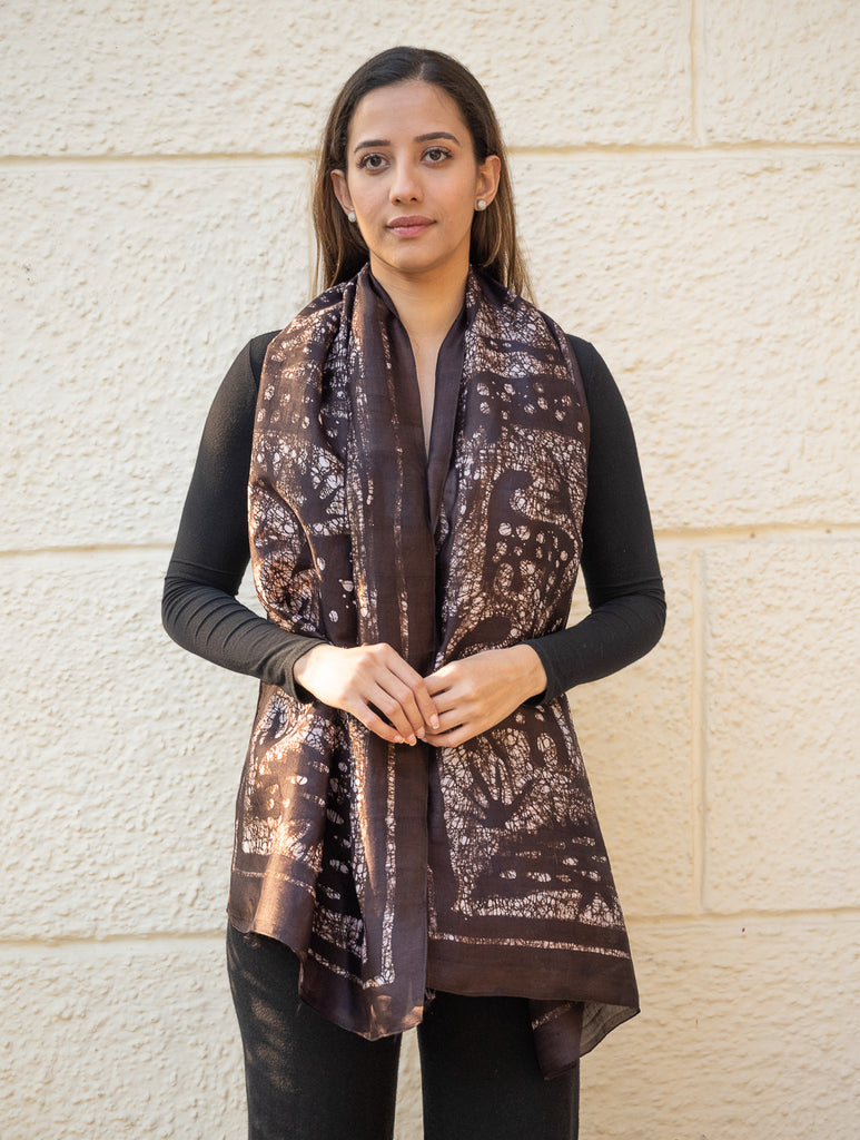 Light & Elegant Silk Batik Stole - Dark Brown Abstract