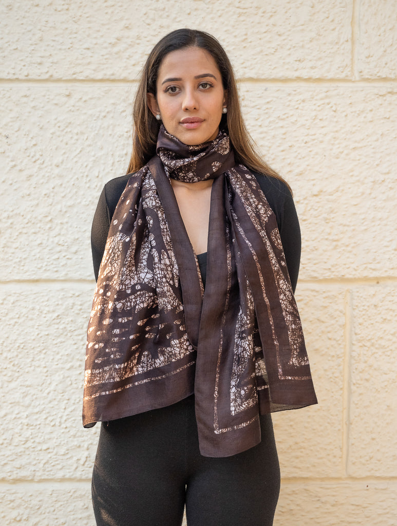 Light & Elegant Silk Batik Stole - Dark Brown Abstract