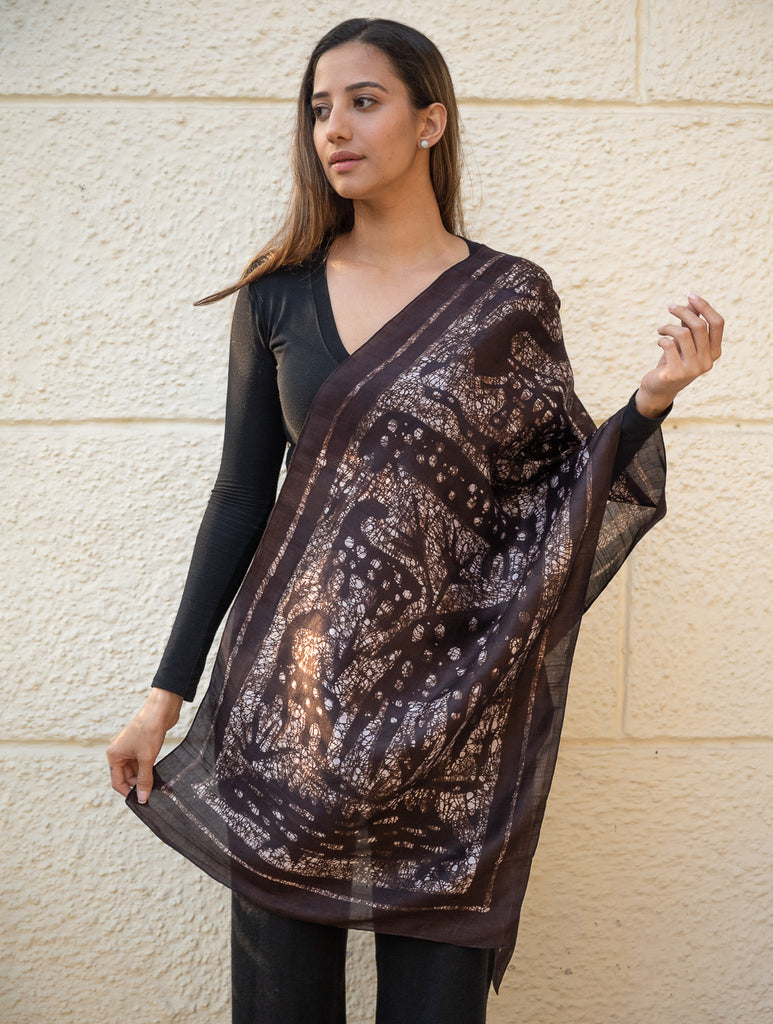 Light & Elegant Silk Batik Stole - Dark Brown Abstract