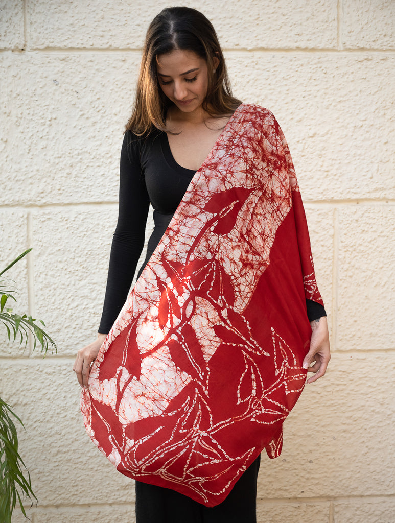 Light & Elegant Silk Batik Stole - Deep Red & Beige