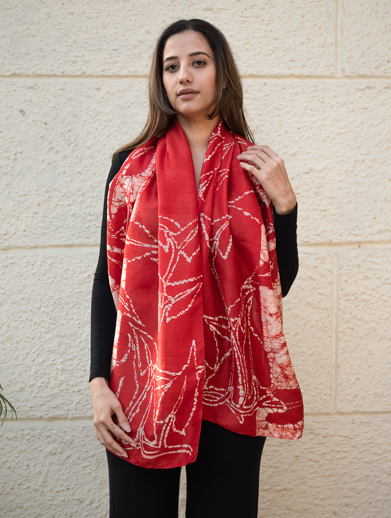 Light & Elegant Silk Batik Stole - Deep Red & Beige