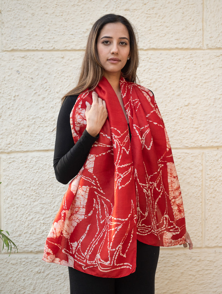 Light & Elegant Silk Batik Stole - Deep Red & Beige