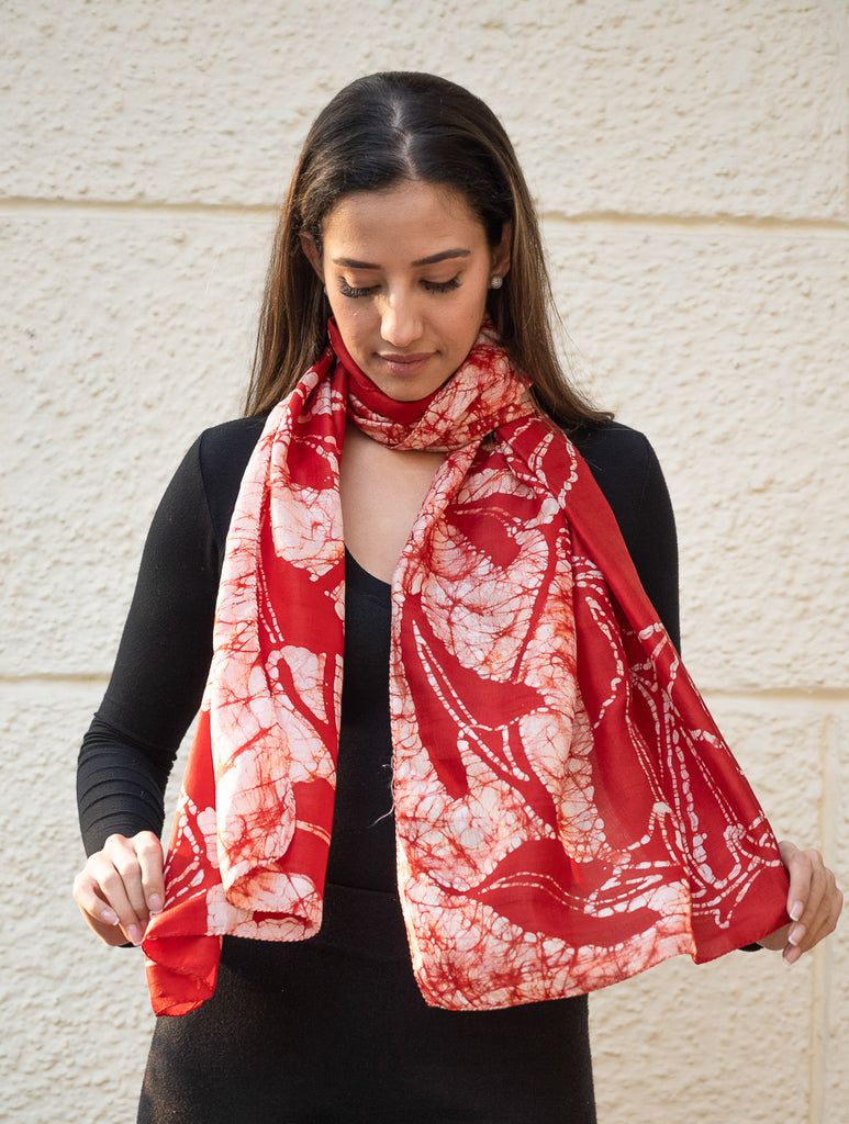 Light & Elegant Silk Batik Stole - Deep Red & Beige