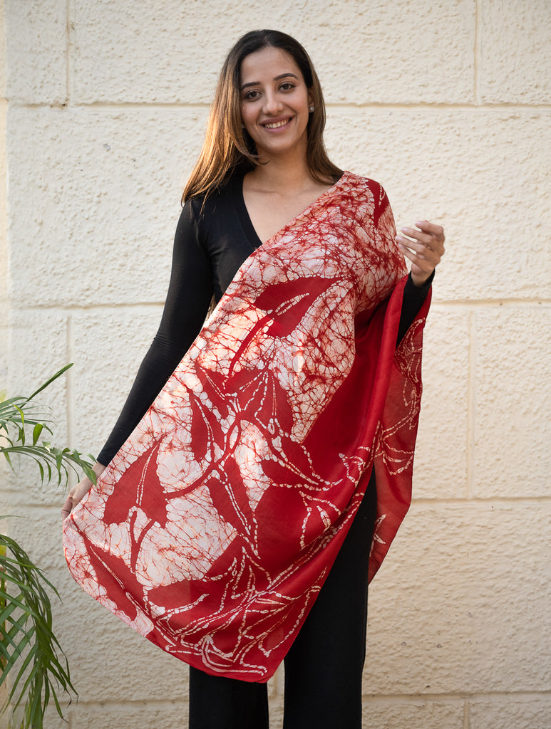 Light & Elegant Silk Batik Stole - Deep Red & Beige