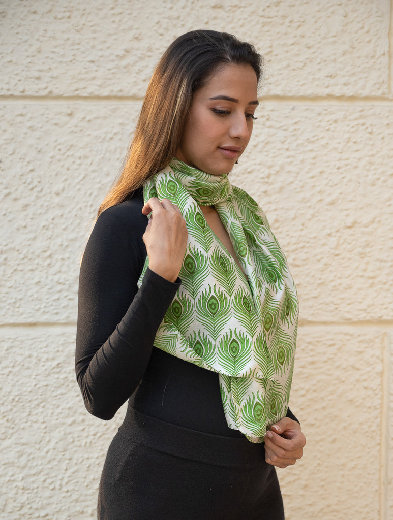 Light & Elegant Silk Batik Stole - Green Feathers