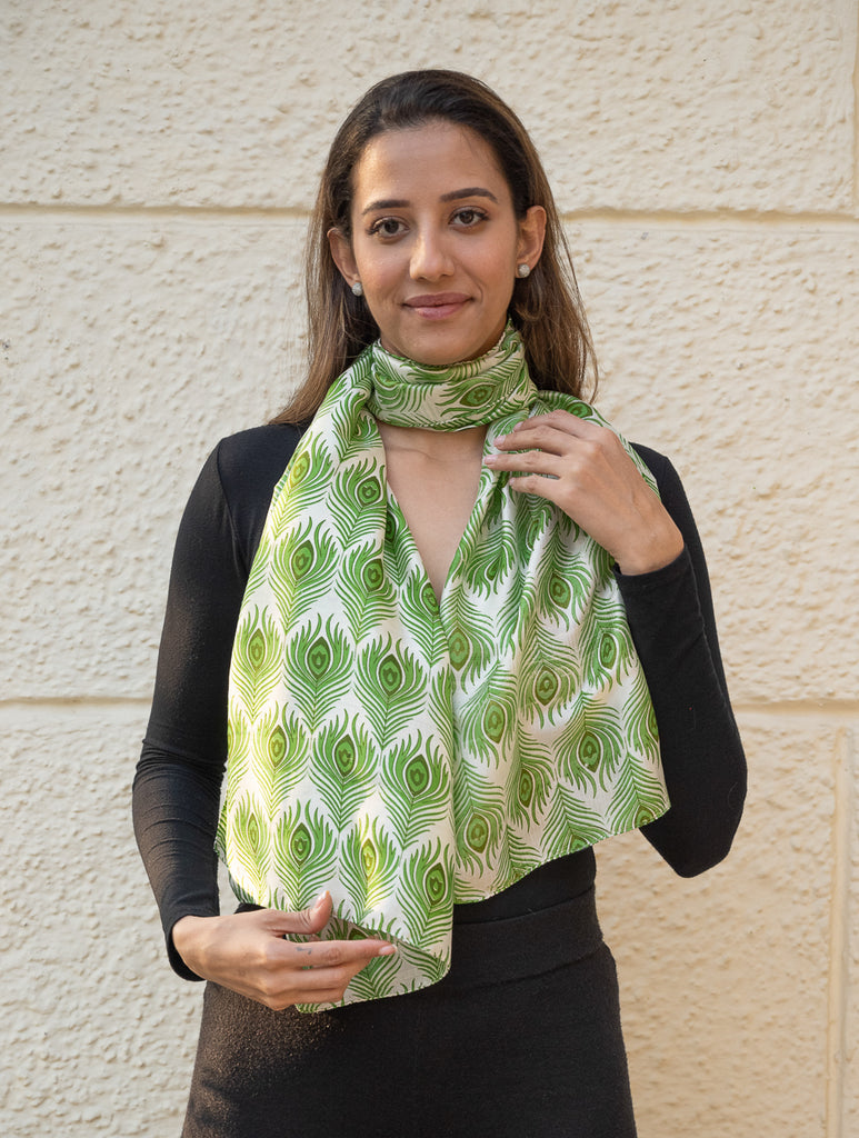 Light & Elegant Silk Batik Stole - Green Feathers