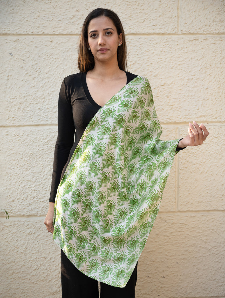 Light & Elegant Silk Batik Stole - Green Feathers