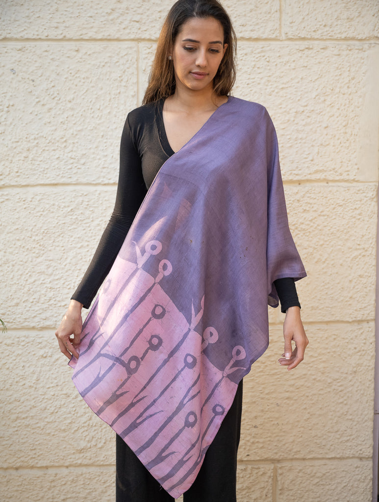 Light & Elegant Silk Batik Stole - Lavender Stems