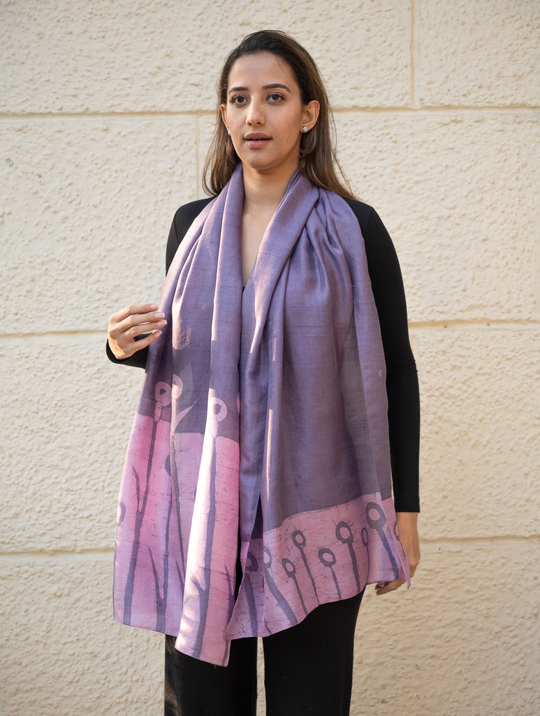 Light & Elegant Silk Batik Stole - Lavender Stems