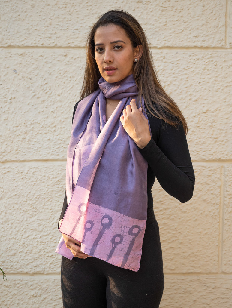 Light & Elegant Silk Batik Stole - Lavender Stems