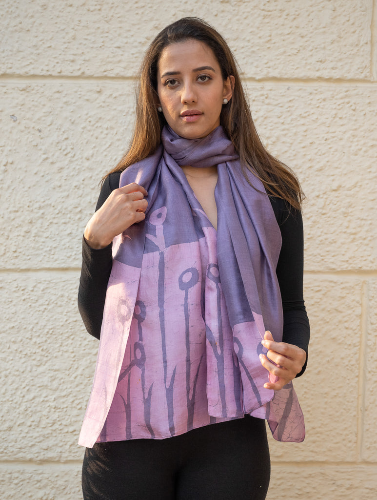 Light & Elegant Silk Batik Stole - Lavender Stems