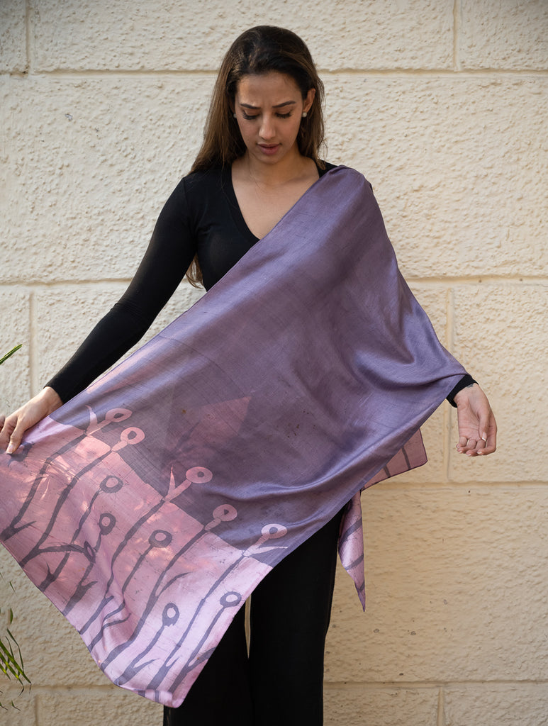 Light & Elegant Silk Batik Stole - Lavender Stems