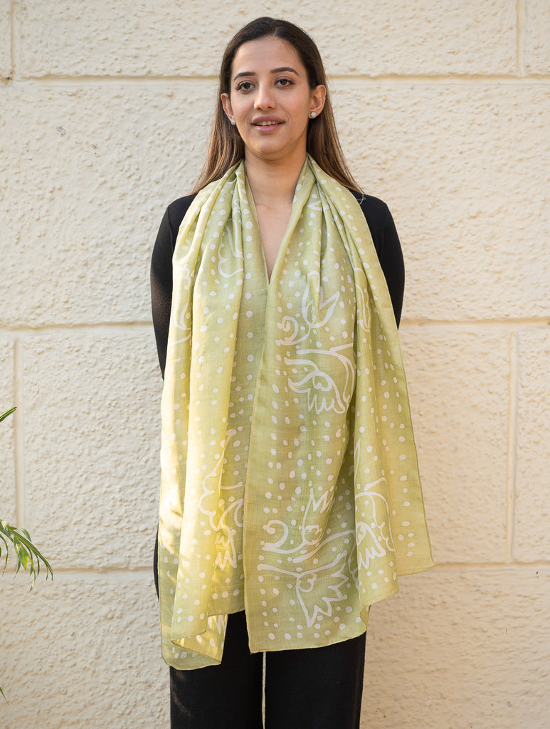 Light & Elegant Silk Batik Stole - Lime Dots