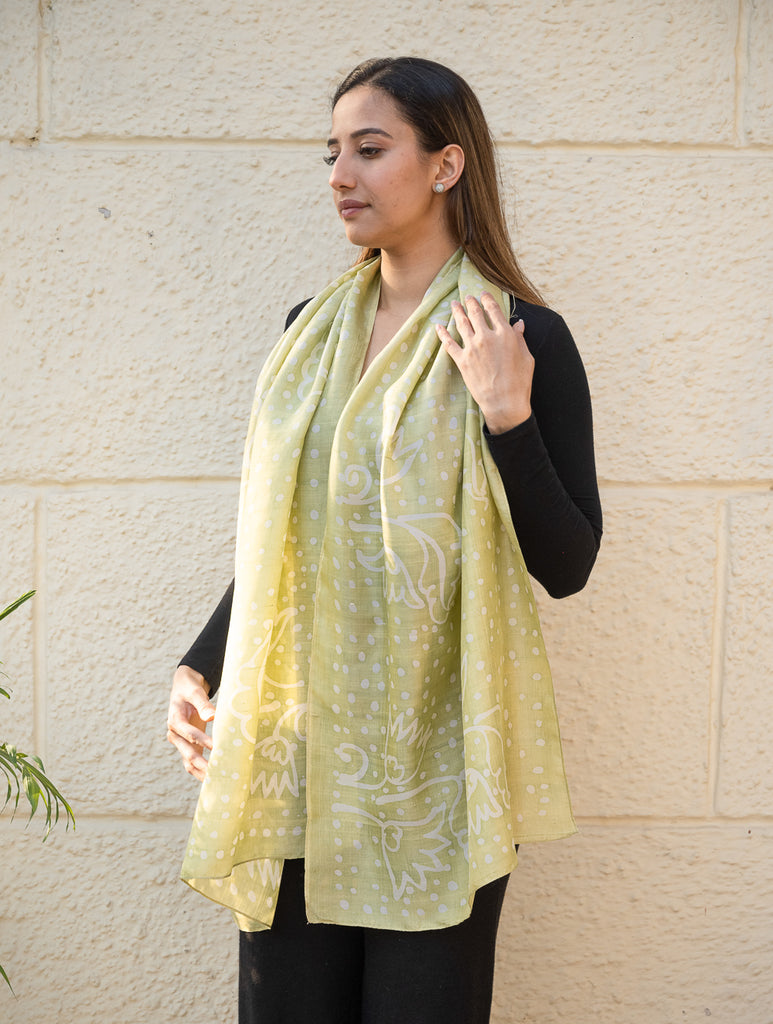 Light & Elegant Silk Batik Stole - Lime Dots